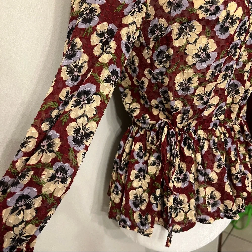Madewell Drawstring Ruffle-Hem Top in Viola Floral EUC XS Pansy Dusty Burgundy - Picture 10 of 12